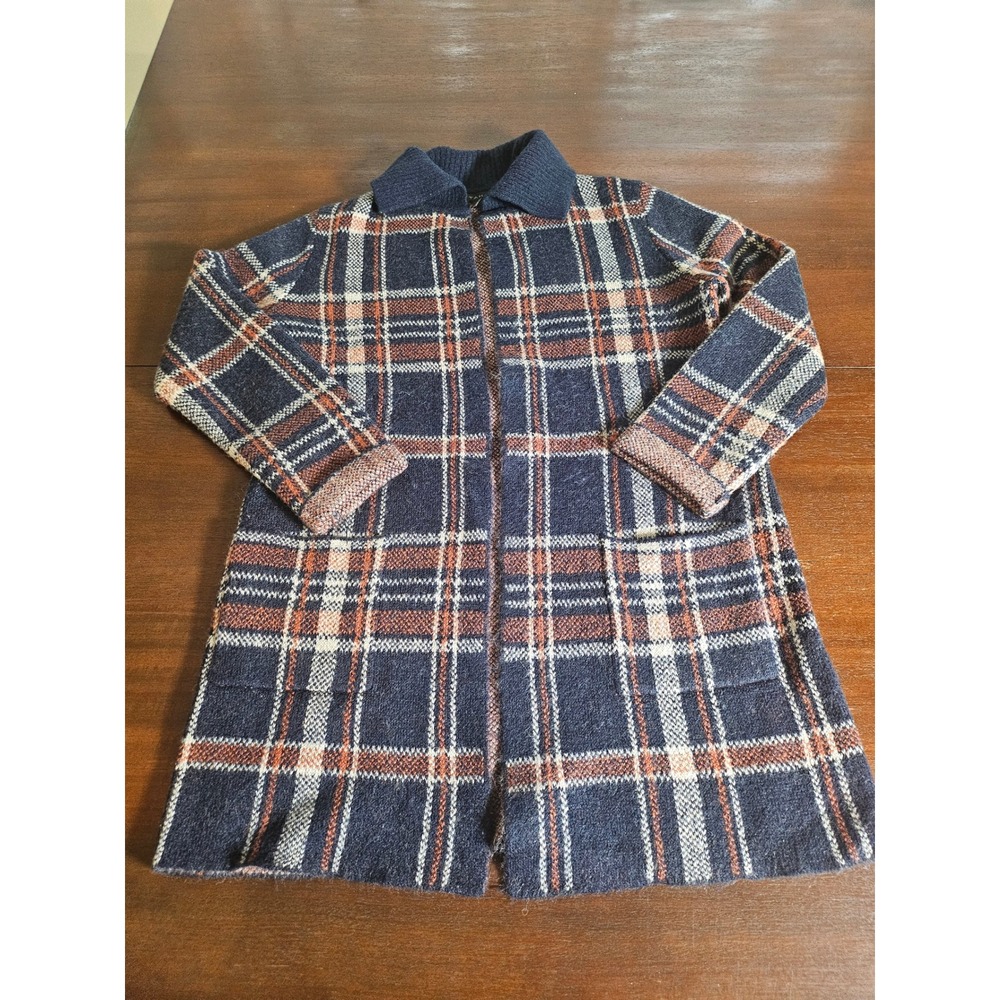 Tahari Cardigan Sweater Womens L Blue Plaid Wool Blend Open Front Knit Jacket